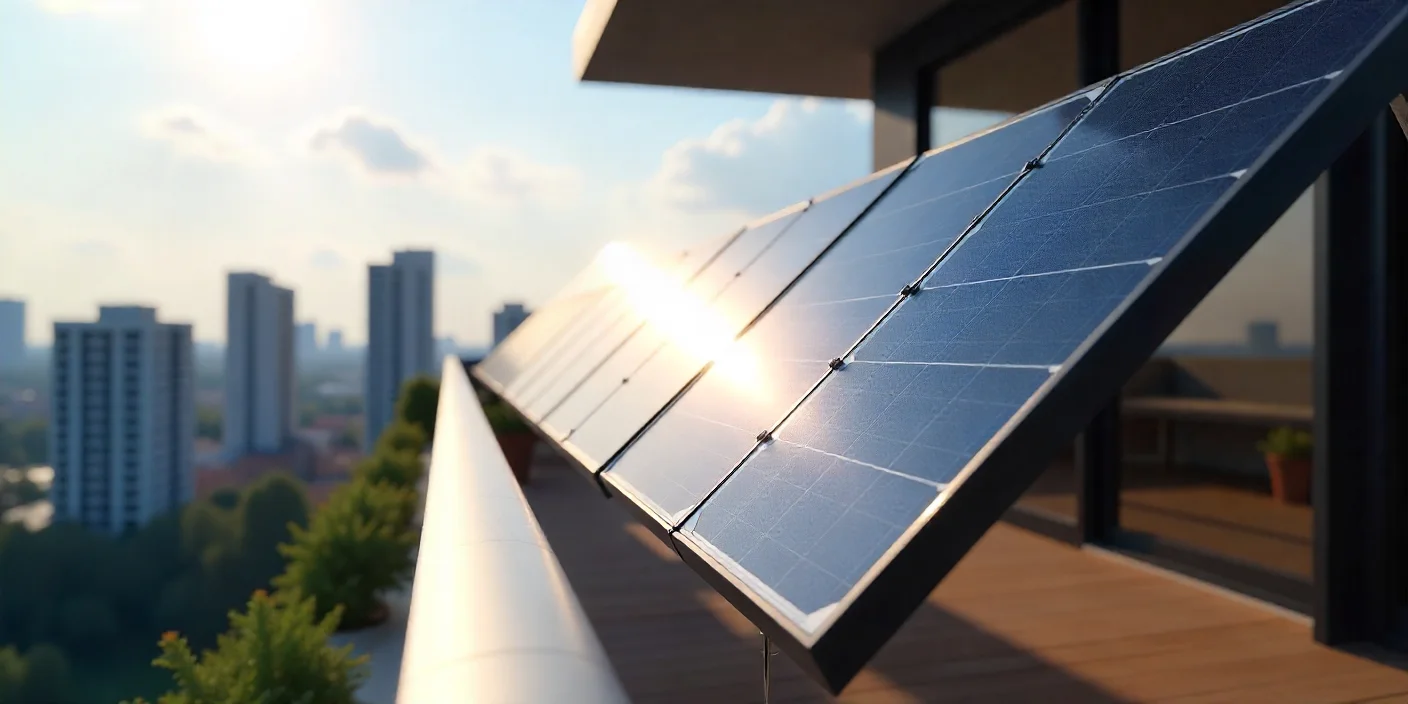 Kit solar plug-and-play montat pe balustrada unui balcon urban, cu panouri fotovoltaice orientate spre soare