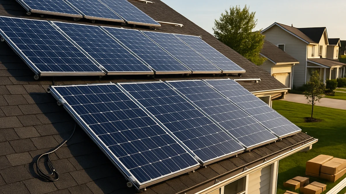 Panouri fotovoltaice instalate pe acoperiș de casă