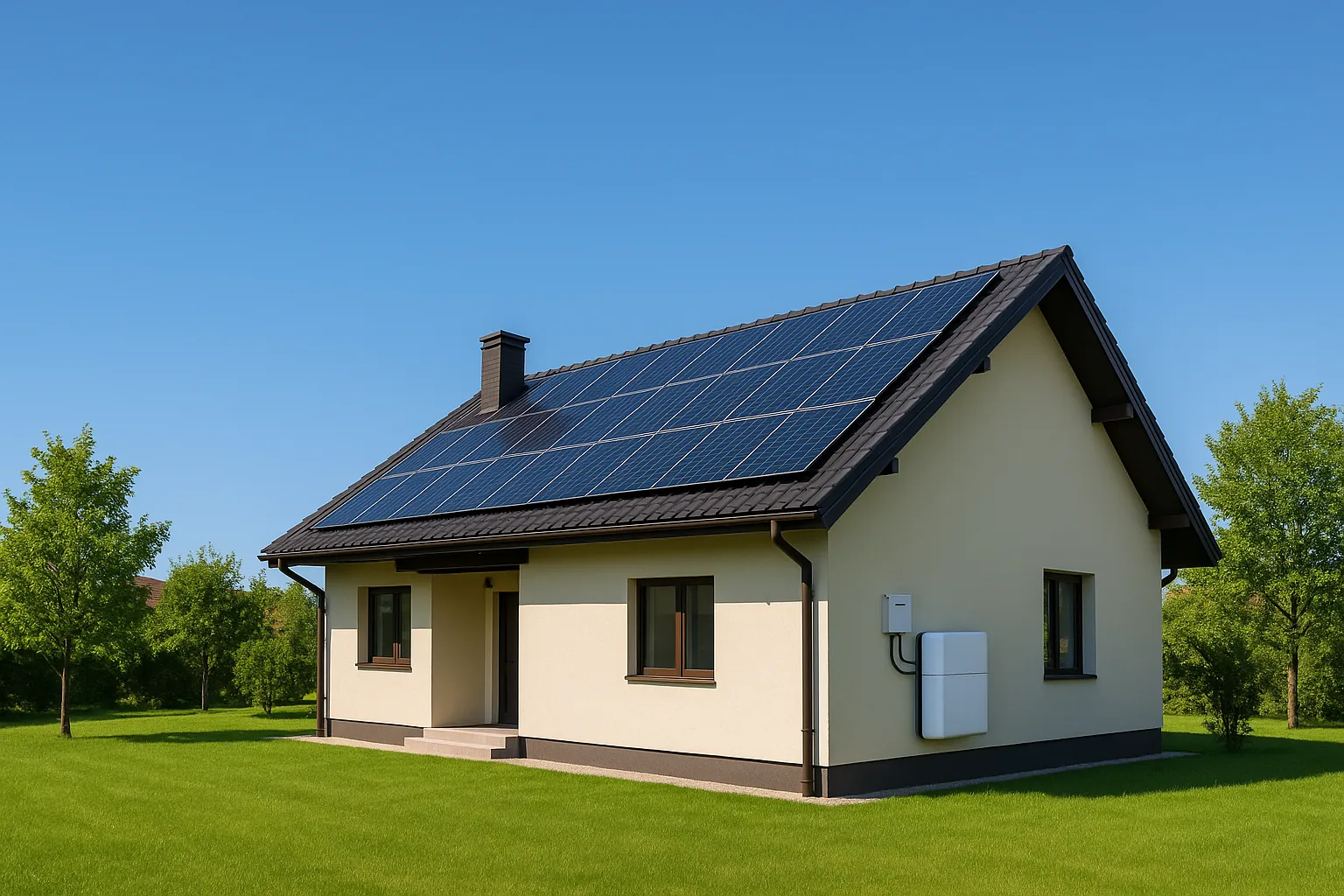 Casă din România cu panouri fotovoltaice pe acoperiș și baterie de stocare pe perete, în contextul programului Casa Verde 2026