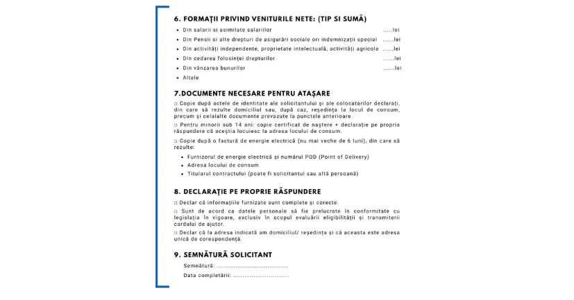 Formular tichet energie - secțiunile pentru venituri și informații suplimentare