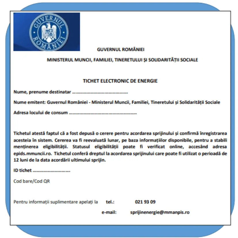 Tichet electronic de energie - exemplu vizual